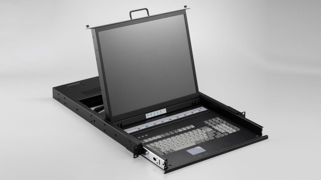 1U single-rail rack mount LCD console with 8x KVM switches